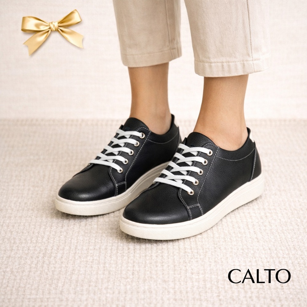 CALTO Leather Invisible Height Increasing Elevator Shoes - Black White Lace-up 8